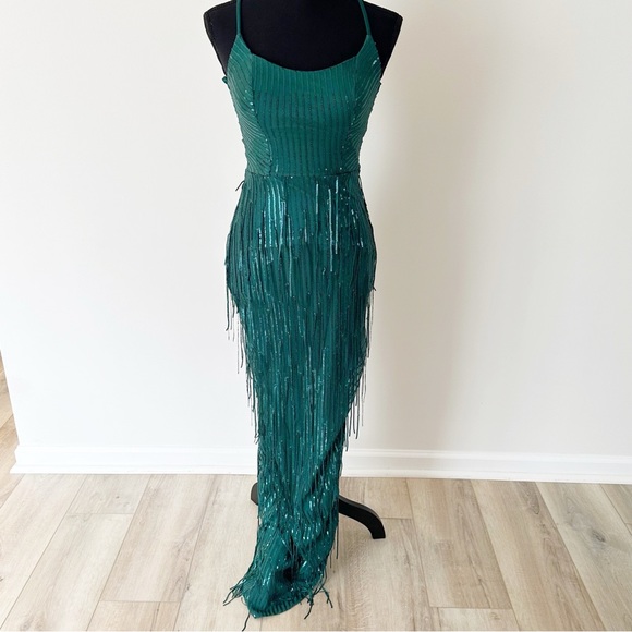 City Vibes Emerald Green Fringe Criss Cross Back Prom Dress w/ Side Split - Picture 1 of 16